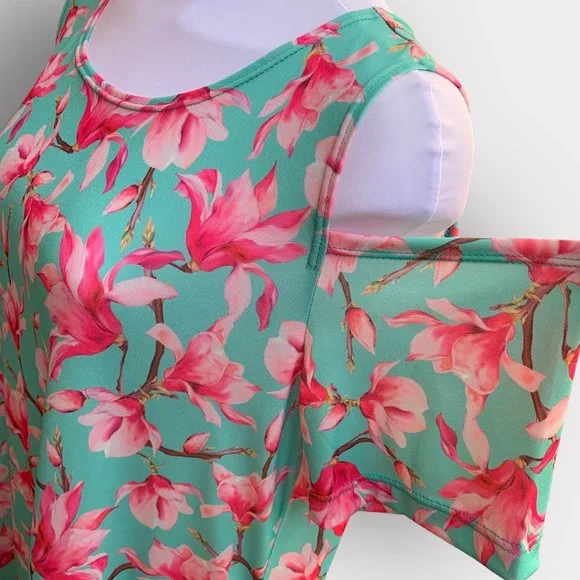 LBISSE Women's Cold Shoulder Floral Blouse Aqua Pink XL NEW - Picture 4 of 6